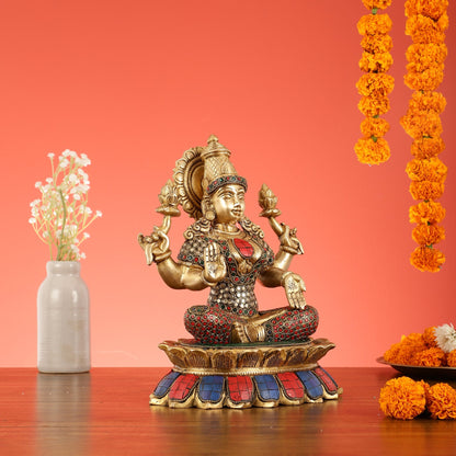 Brass Goddess Lakshmi on Lotus Idol - 11 Inch