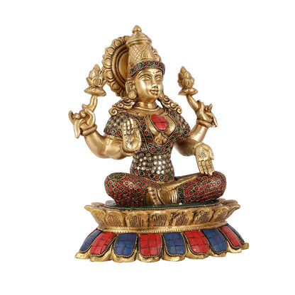 Brass Goddess Lakshmi on Lotus Idol - 11 Inch