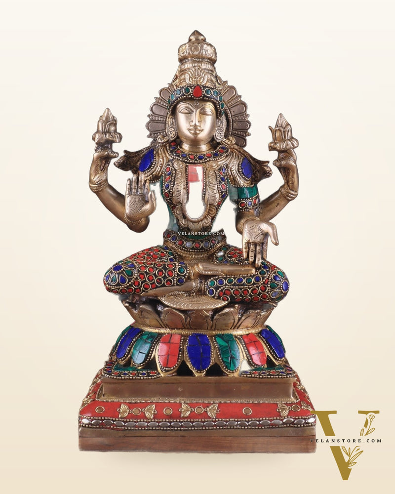 Brass Goddess Lakshmi Statue 12" meenakari Stonework