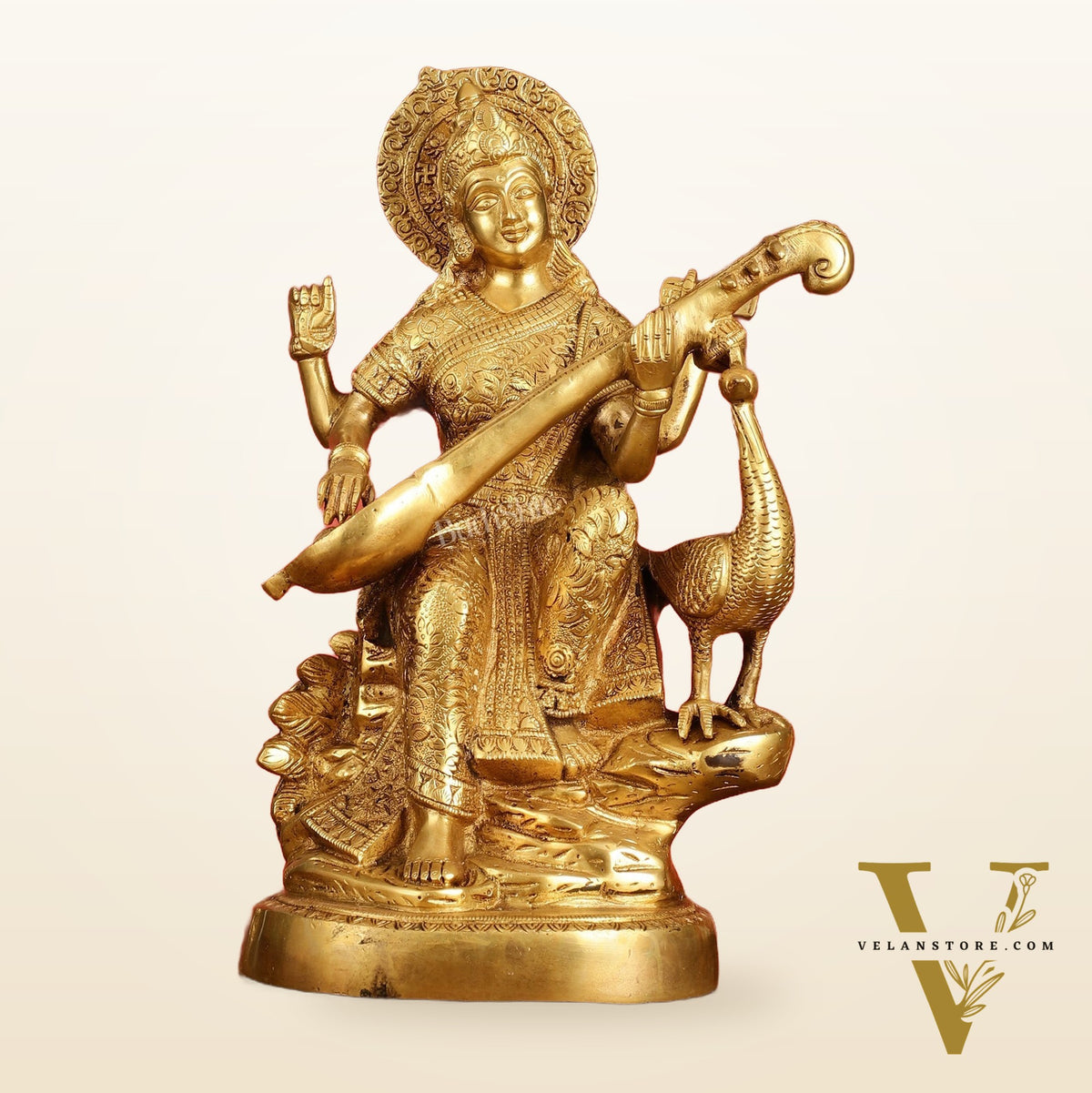 Brass Goddess Saraswati Seated on Swan Idol - 15 Inch