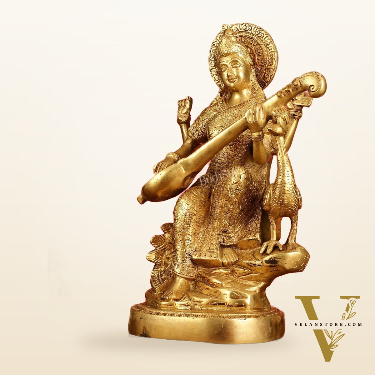 Brass Goddess Saraswati Seated on Swan Idol - 15 Inch