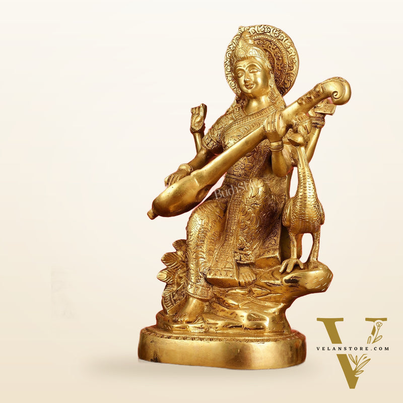 Brass Goddess Saraswati Seated on Swan Idol - 15 Inch