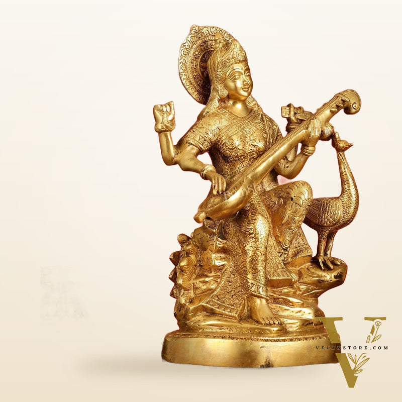 Brass Goddess Saraswati Seated on Swan Idol - 15 Inch