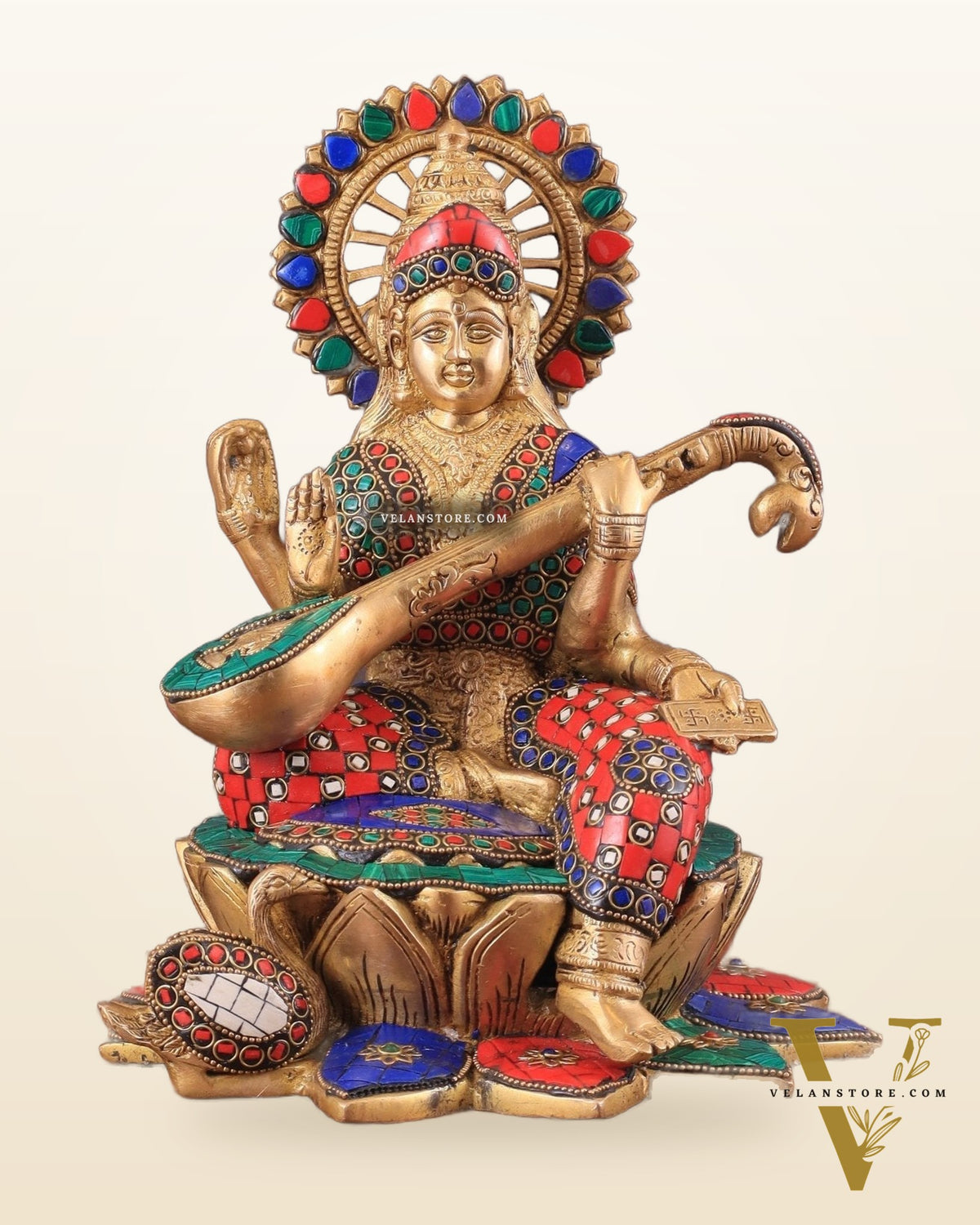 Brass Goddess Saraswati Sitting on Lotus with Swan | 11 Inch meenakari