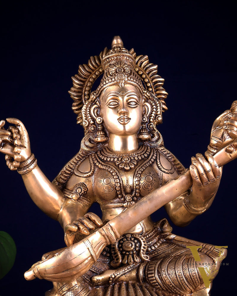 Brass Goddess Saraswati Statue – Handcrafted Idol of Wisdom & Knowledge 18 inch