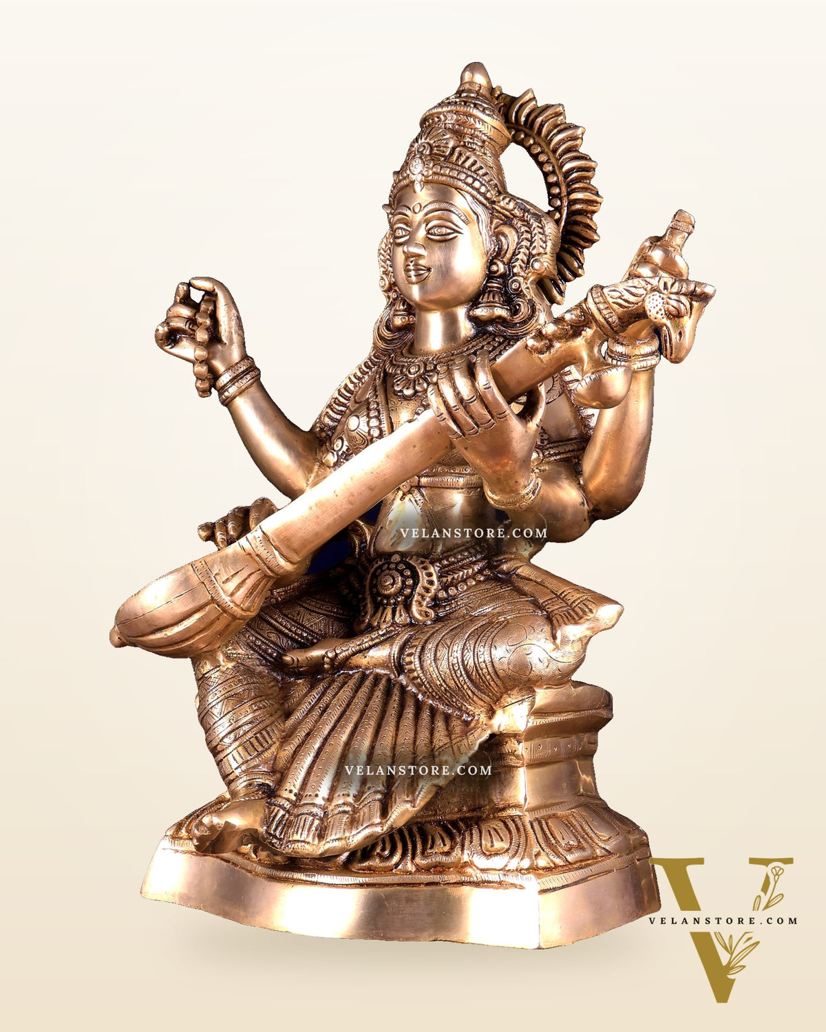 Brass Goddess Saraswati Statue – Handcrafted Idol of Wisdom & Knowledge 18 inch