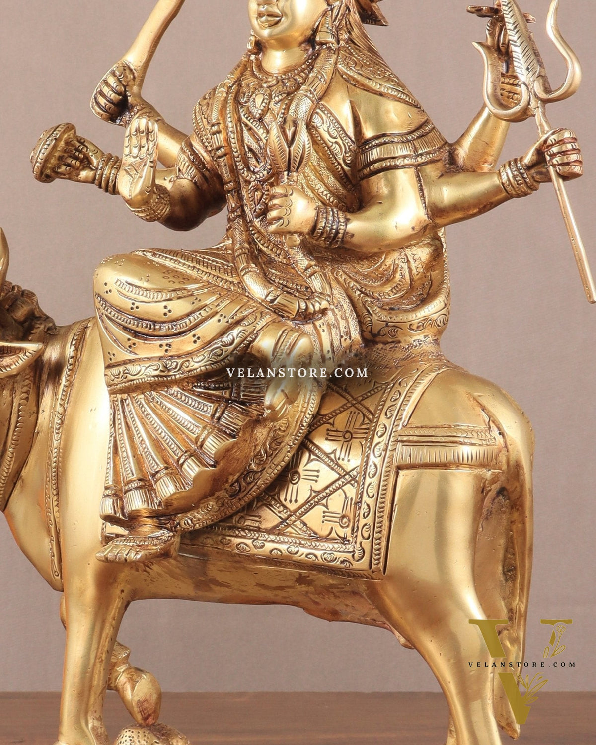 Brass Goddess Umiya Mata Seated on Cow Statue 13.5"