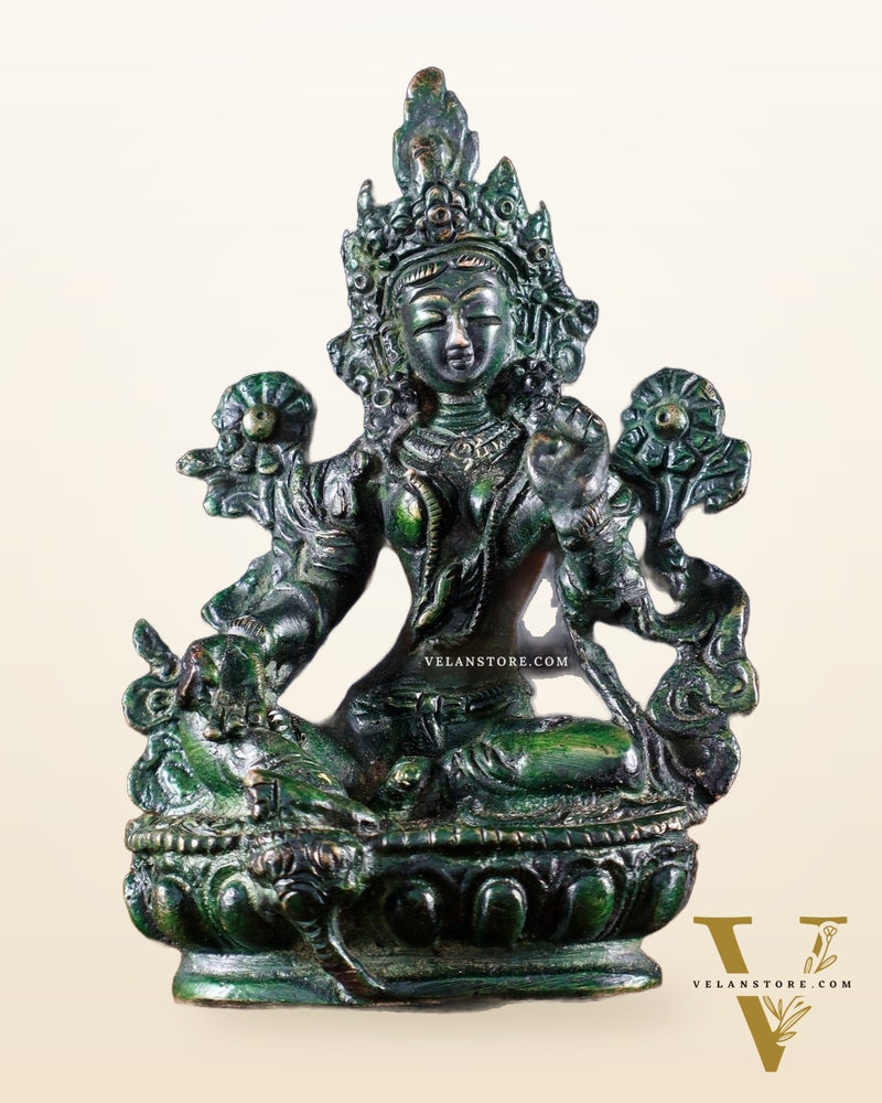 Brass Green tara devi statue 3" agate green tone