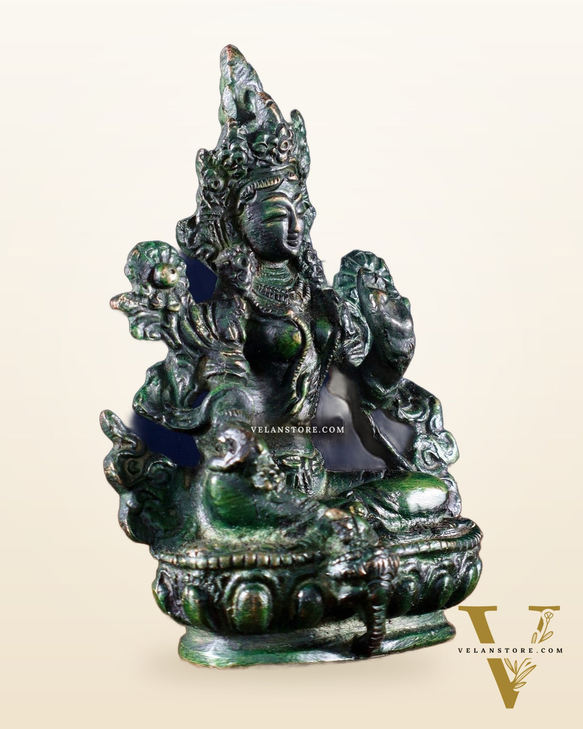 Brass Green tara devi statue 3" agate green tone