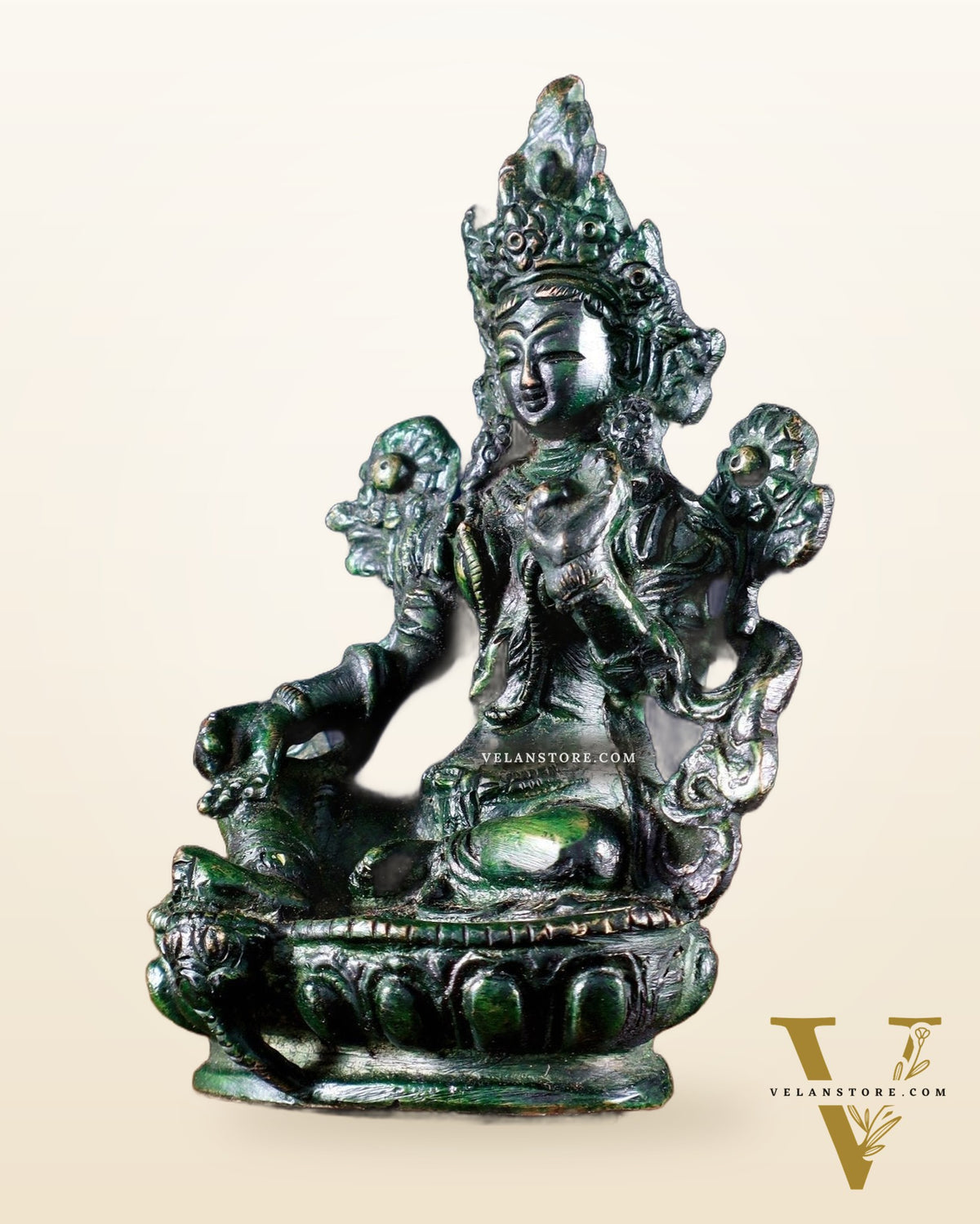 Brass Green tara devi statue 3" agate green tone