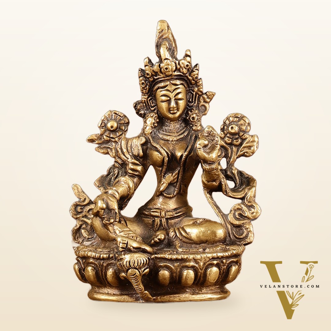 Brass Green tara devi statue 3" antique tone