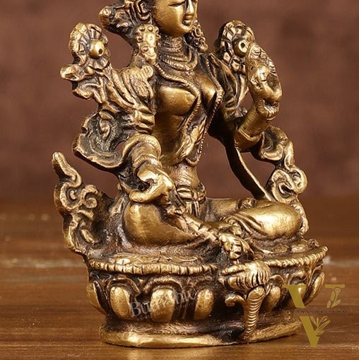 Brass Green tara devi statue 3" antique tone