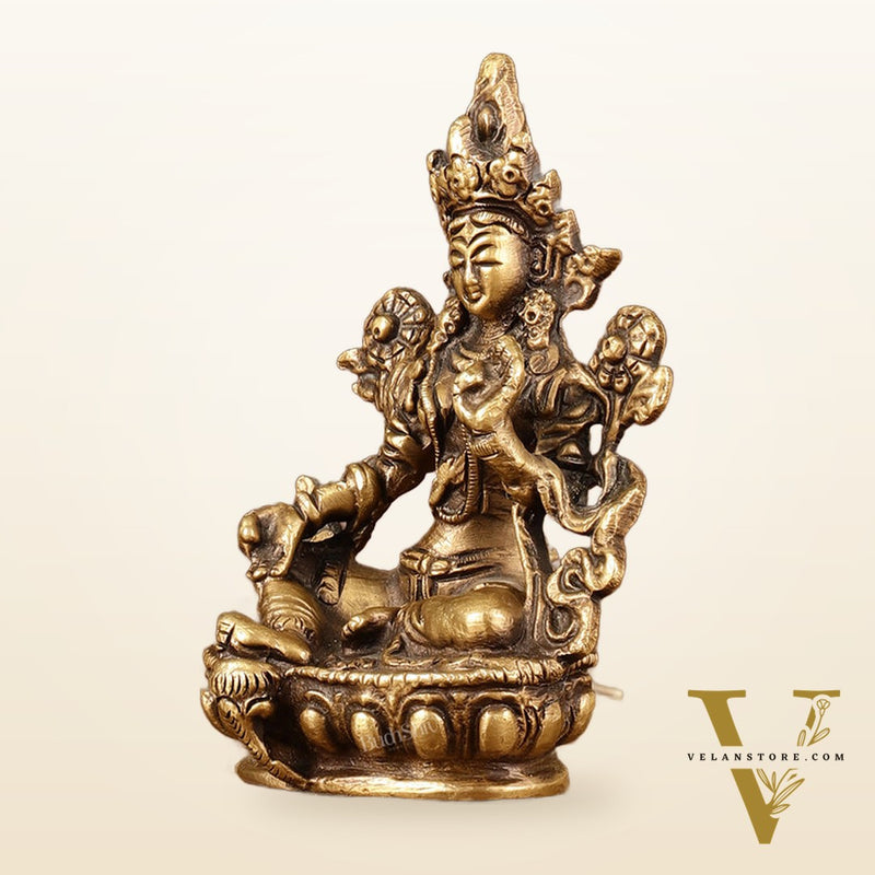 Brass Green tara devi statue 3" antique tone