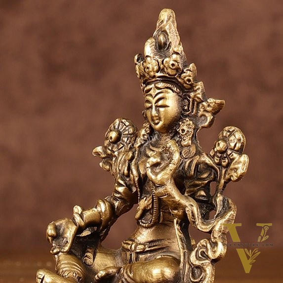 Brass Green tara devi statue 3" antique tone