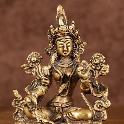Brass Green tara devi statue 3" antique tone