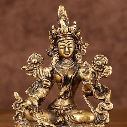 Brass Green tara devi statue 3" antique tone