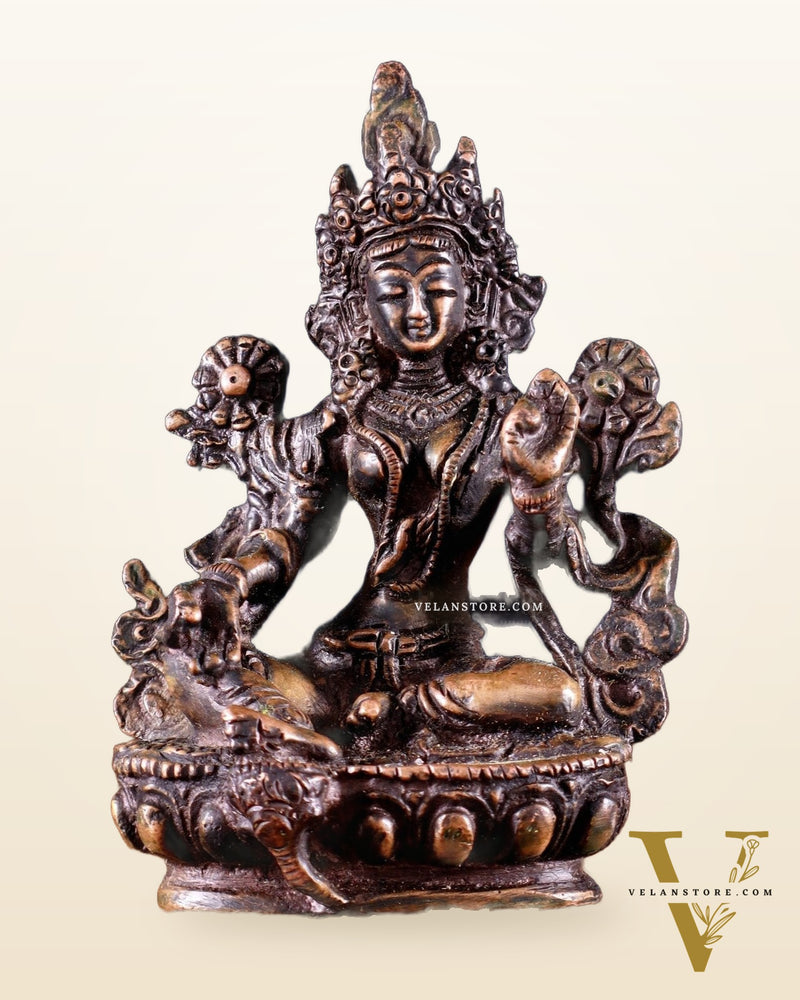 Brass Green tara devi statue 3" Burnt chocolate tone