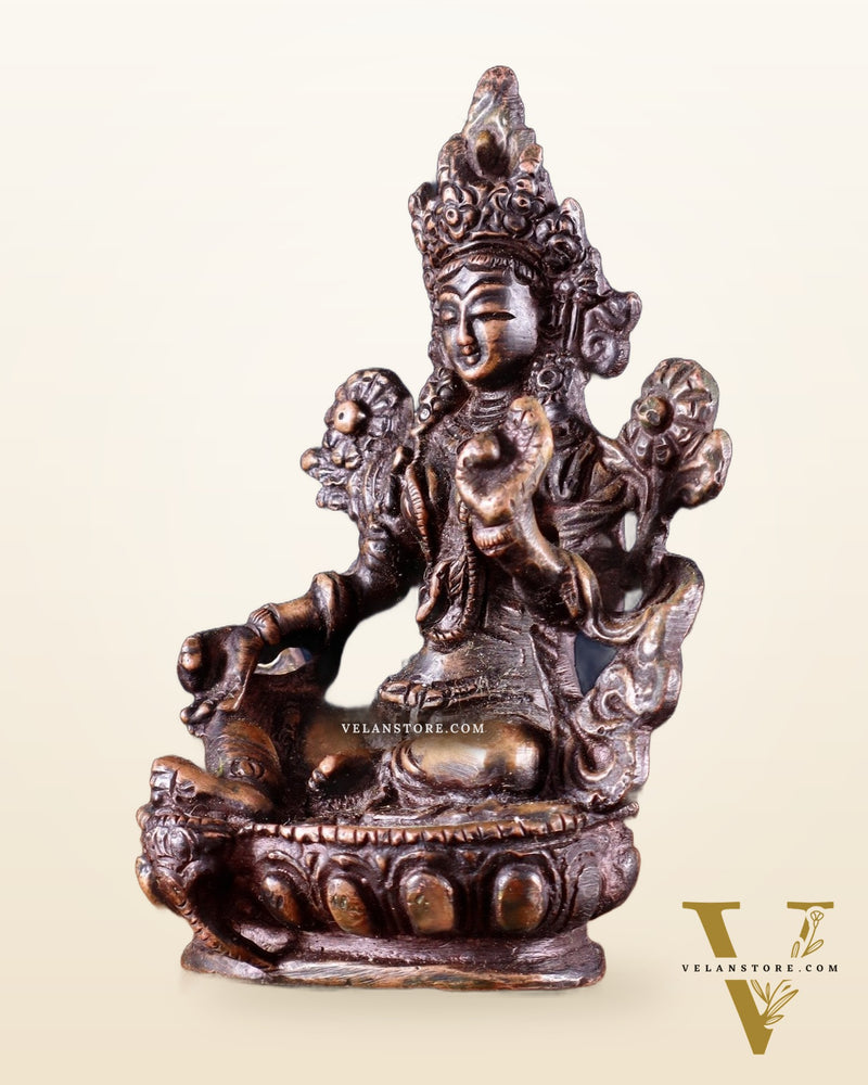 Brass Green tara devi statue 3" Burnt chocolate tone