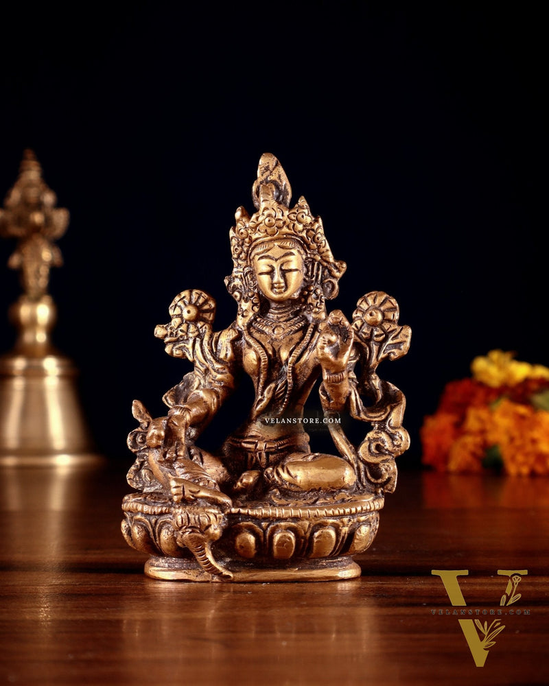 Brass Green tara devi statue 3" Butter gold