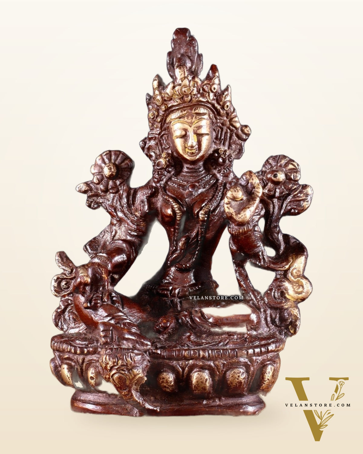 Brass Green tara devi statue 3" double chola tone