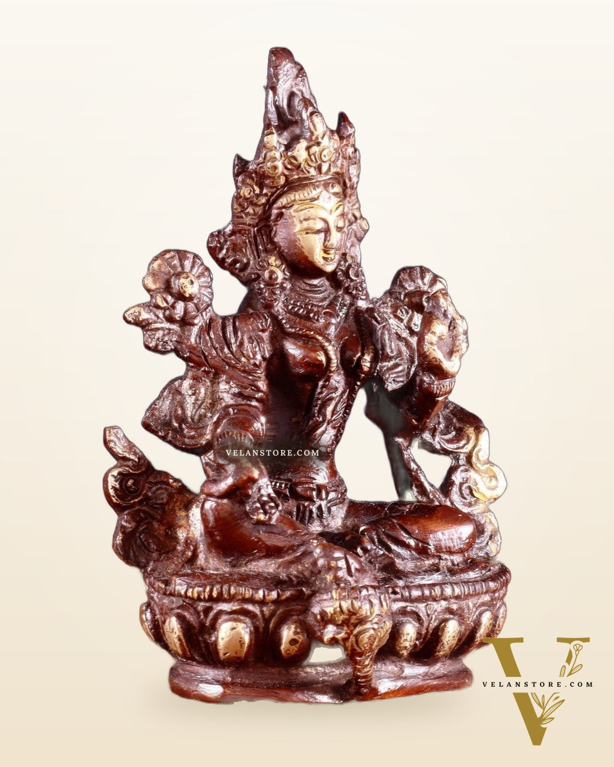 Brass Green tara devi statue 3" double chola tone