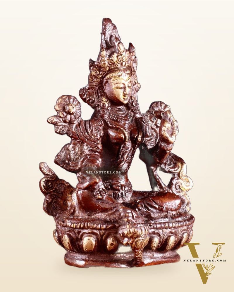 Brass Green tara devi statue 3" double chola tone