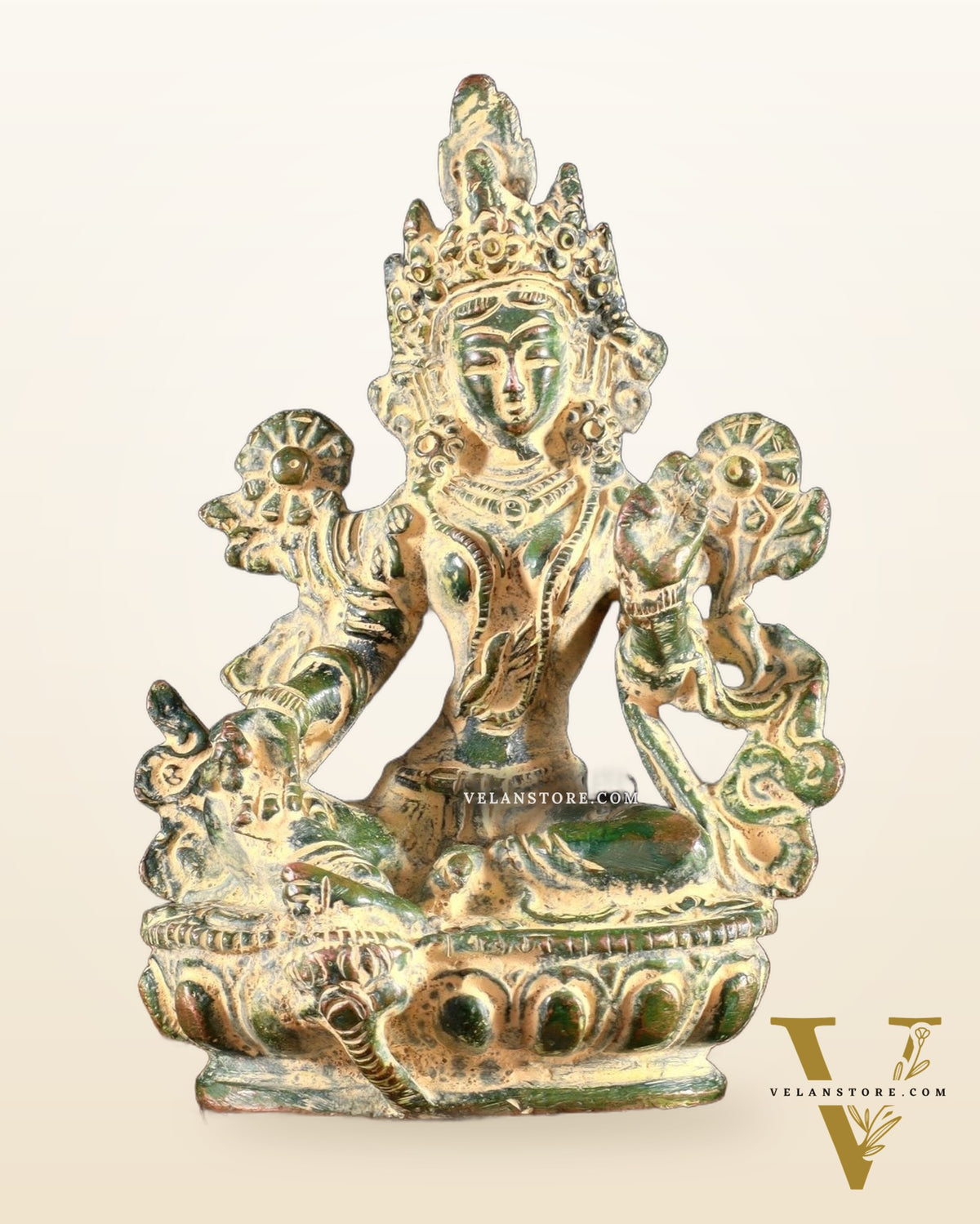 Brass Green tara devi statue 3" green sand finish
