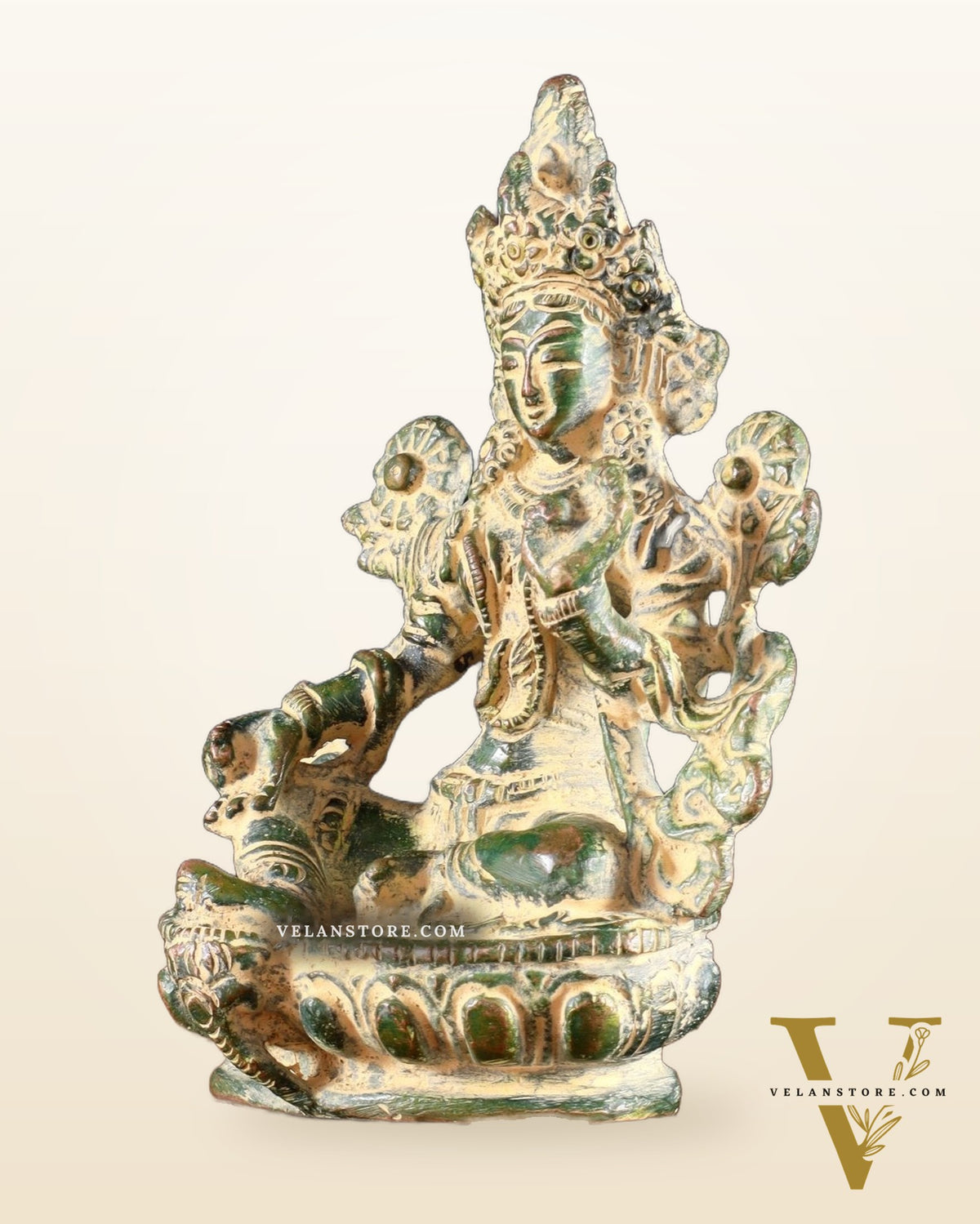 Brass Green tara devi statue 3" green sand finish
