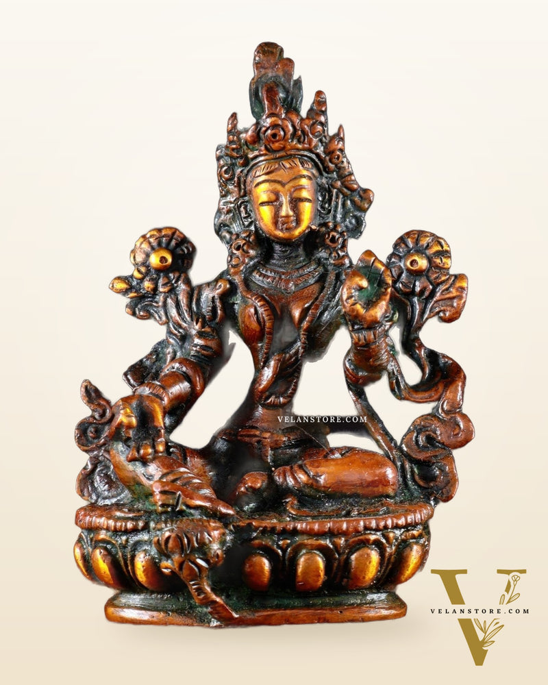 Brass Green tara devi statue 3" Nepalese orange tone