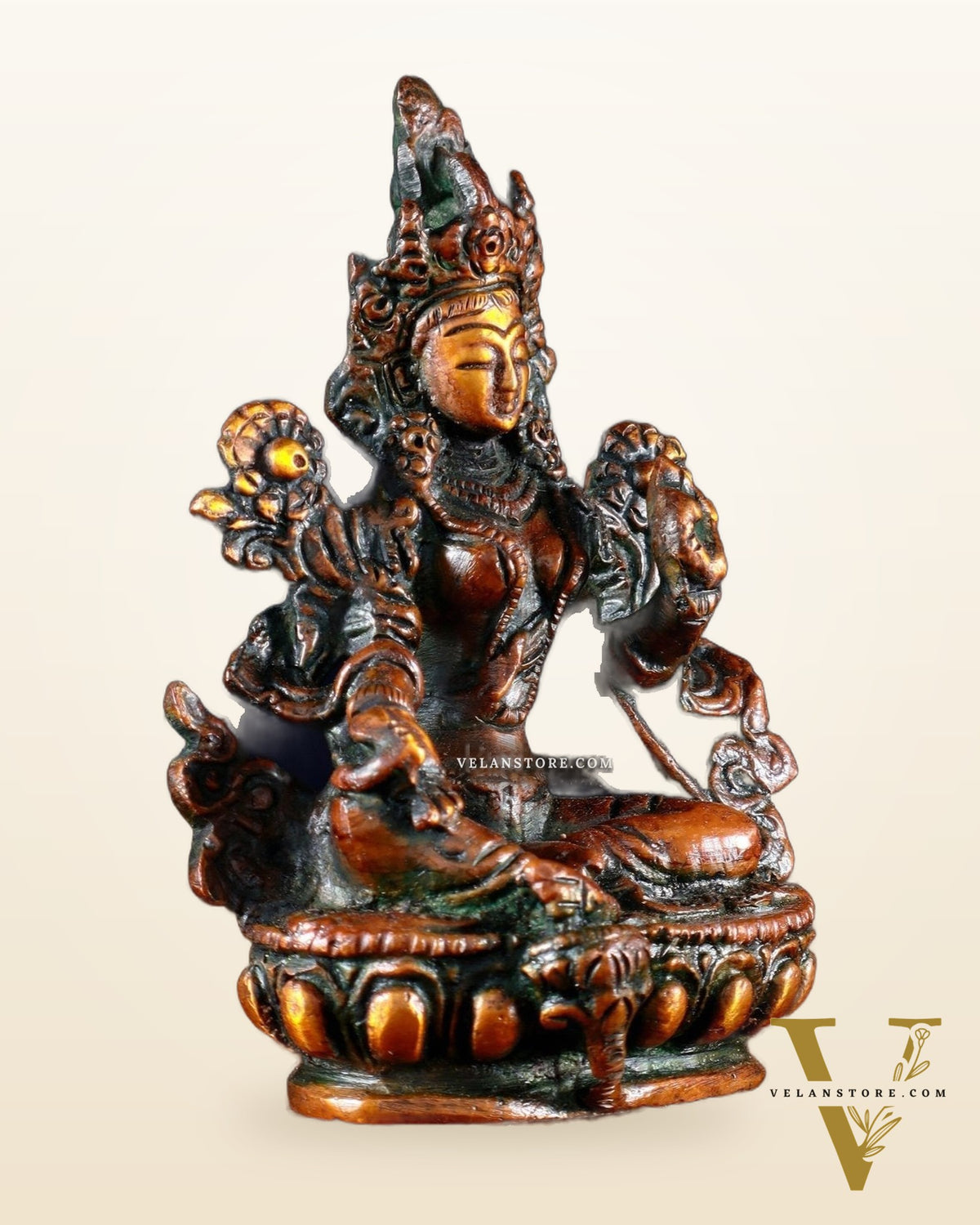 Brass Green tara devi statue 3" Nepalese orange tone