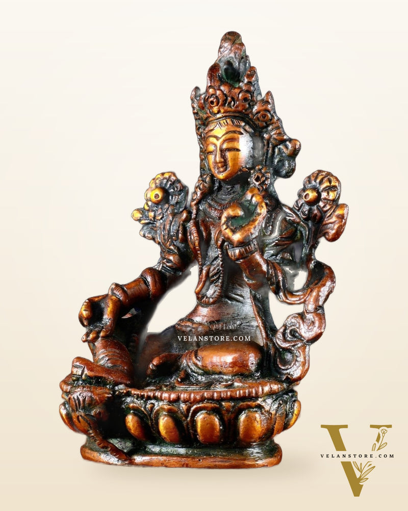 Brass Green tara devi statue 3" Nepalese orange tone