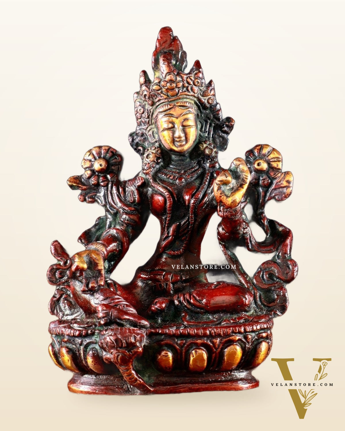 Brass Green tara devi statue 3" orange red fusion