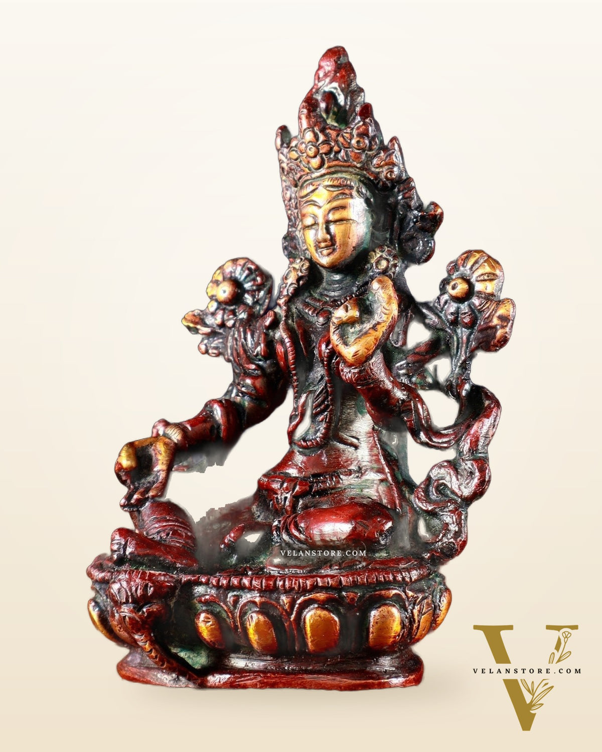 Brass Green tara devi statue 3" orange red fusion
