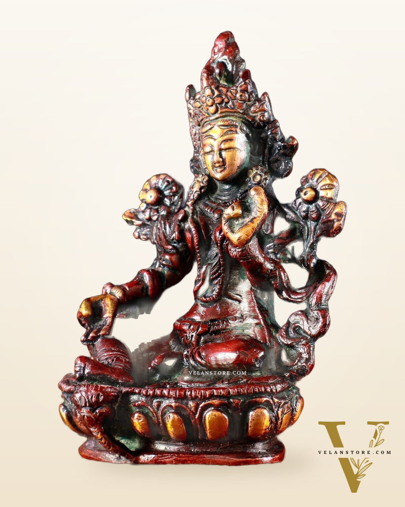 Brass Green tara devi statue 3" orange red fusion