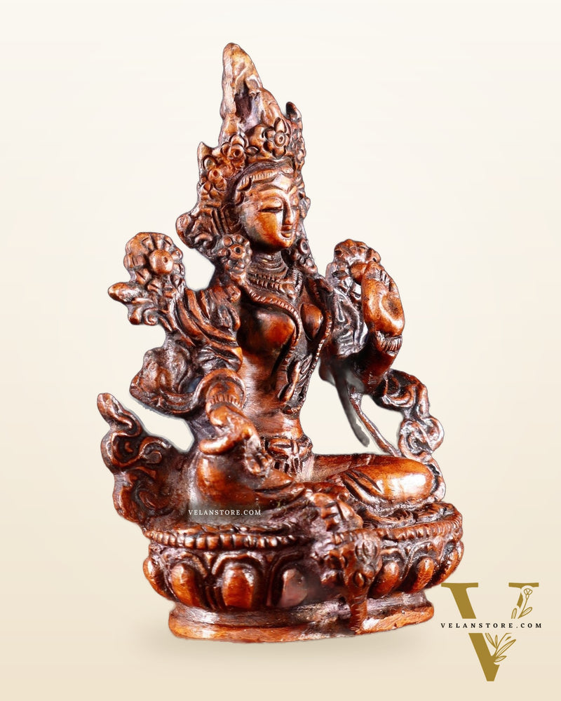 Brass Green tara devi statue 3" Tibetan red tone