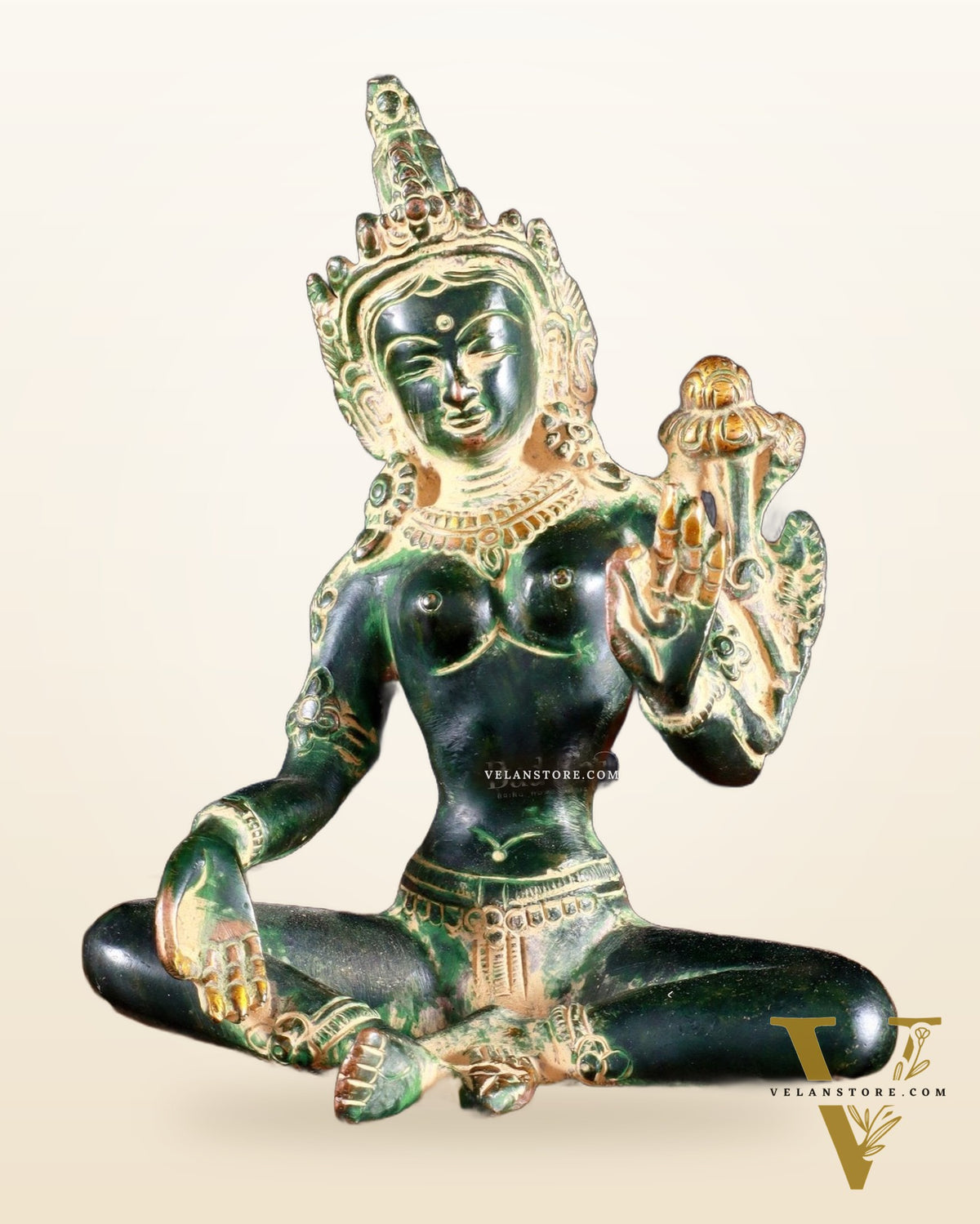 Brass Green Tara Statue – 5.5” (14 cm) | Agate green sand tone