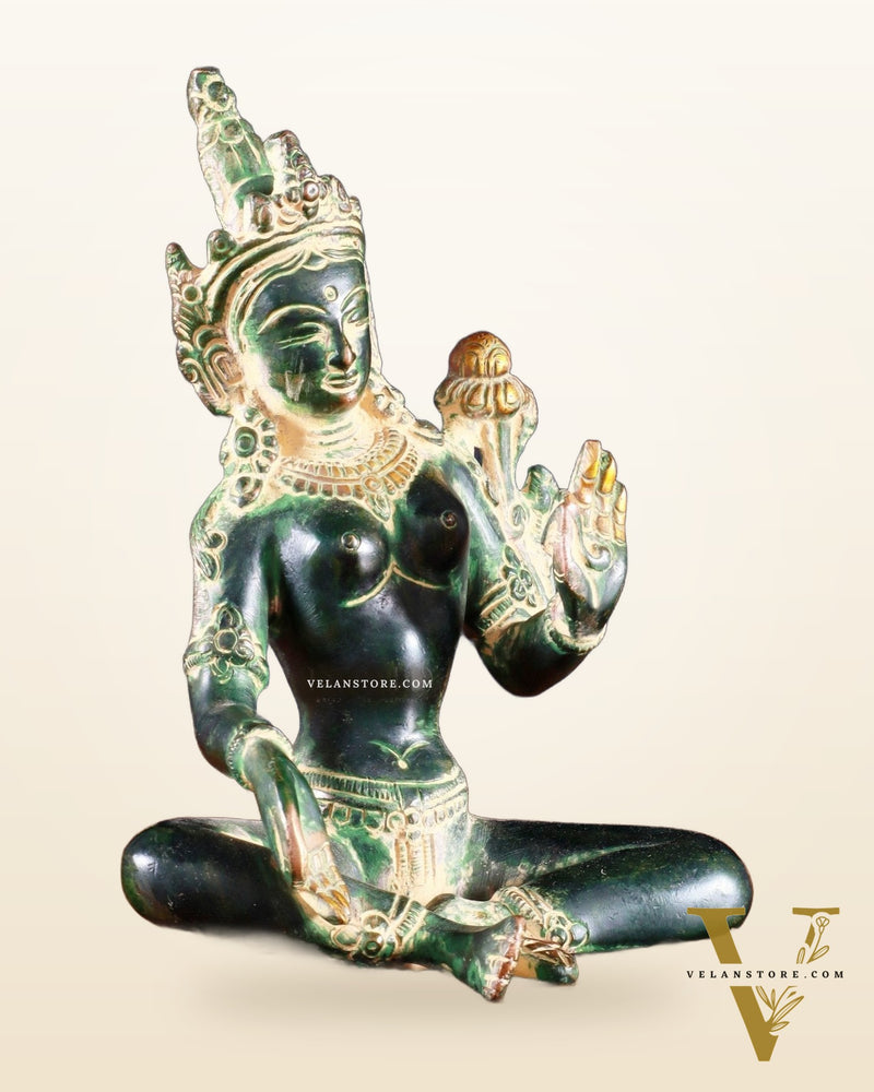 Brass Green Tara Statue – 5.5” (14 cm) | Agate green sand tone
