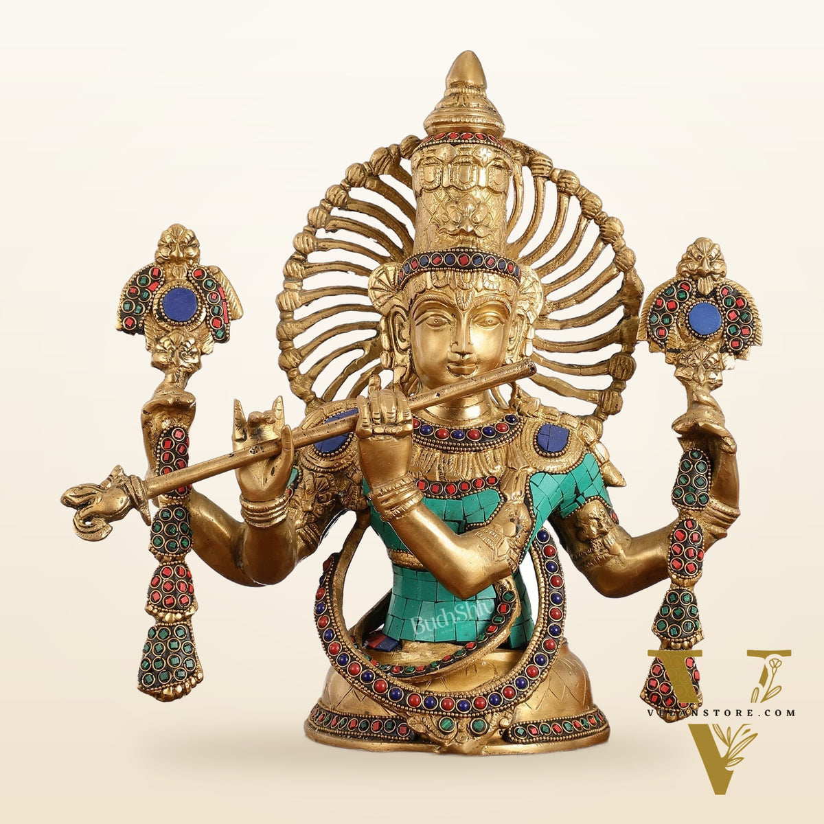 Brass Half Body Lord Krishna Bust Table Accent - 13.5