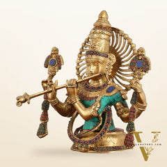 Brass Half Body Lord Krishna Bust Table Accent - 13.5
