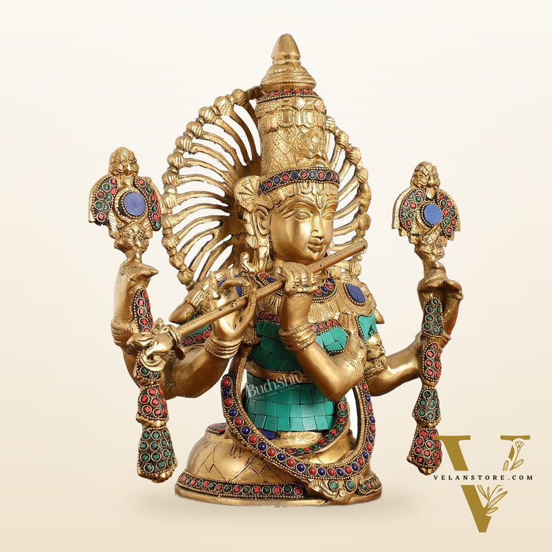 Brass Half Body Lord Krishna Bust Table Accent - 13.5