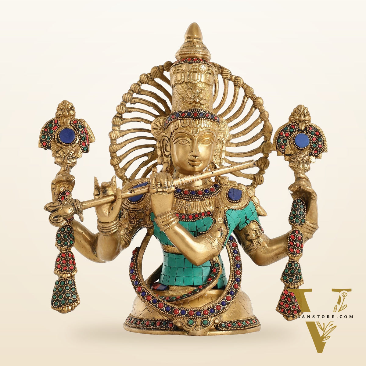 Brass Half Body Lord Krishna Bust Table Accent - 13.5