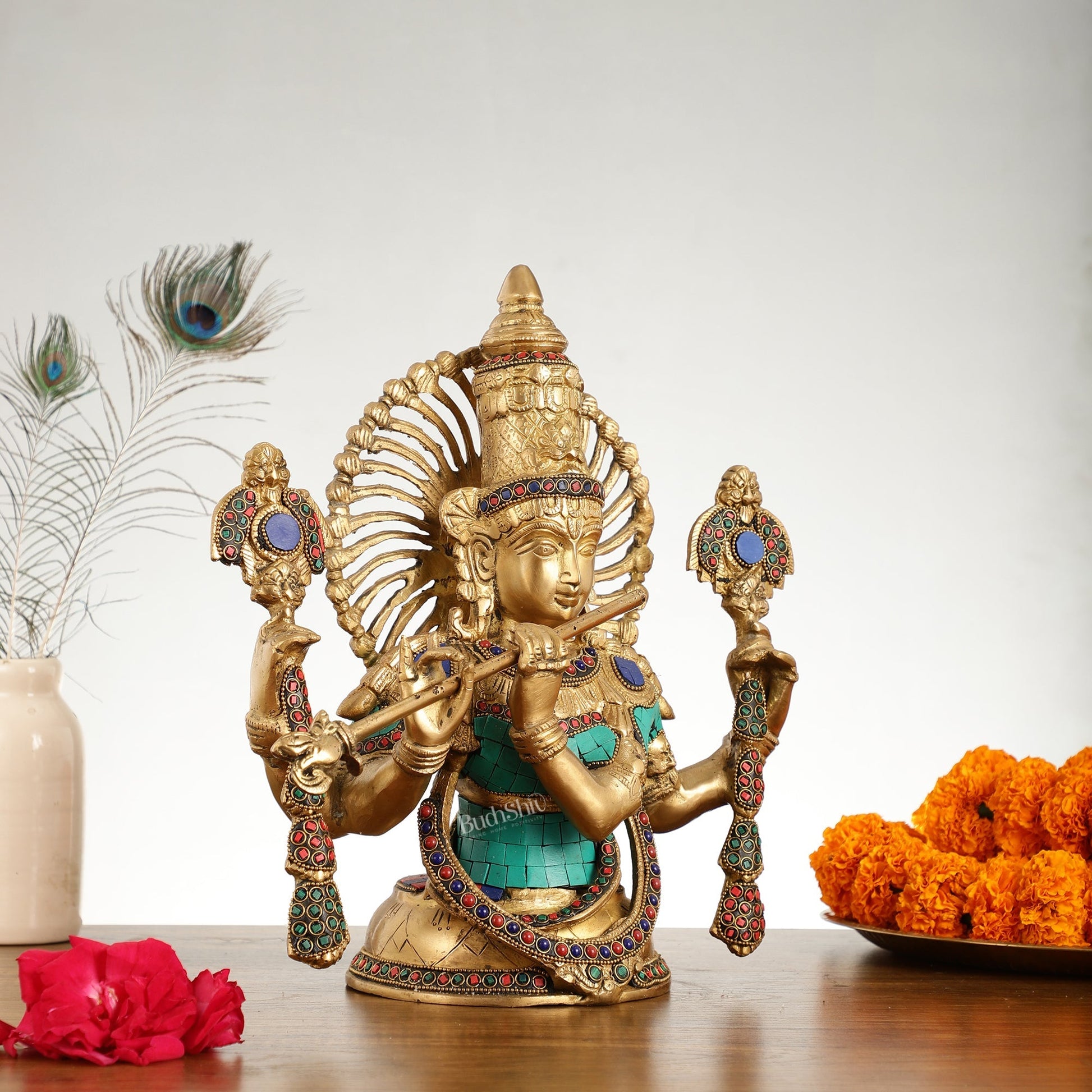 Brass Half Body Lord Krishna Bust Table Accent - 13.5