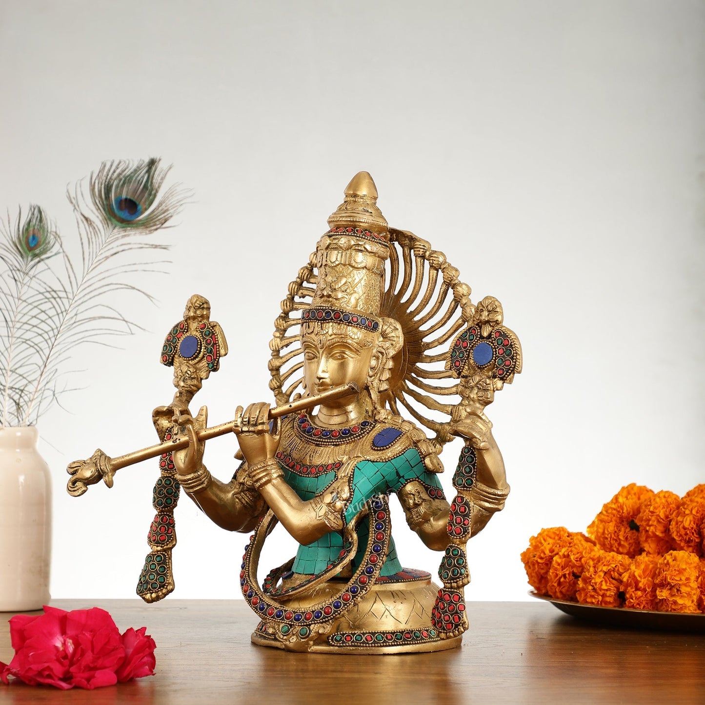 Brass Half Body Lord Krishna Bust Table Accent - 13.5