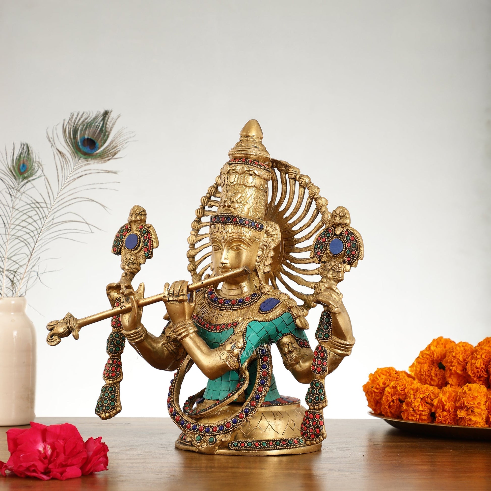 Brass Half Body Lord Krishna Bust Table Accent - 13.5