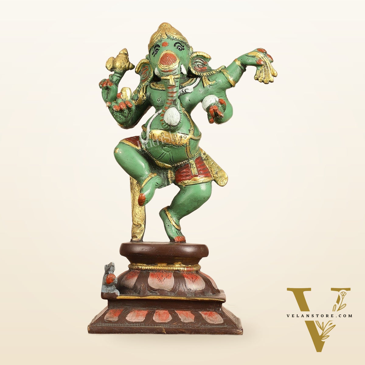 Brass Hand-Painted Dancing Ganesha Statue - 10 Inch