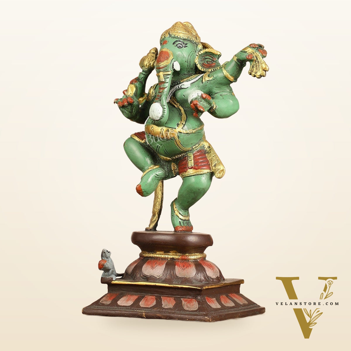 Brass Hand-Painted Dancing Ganesha Statue - 10 Inch