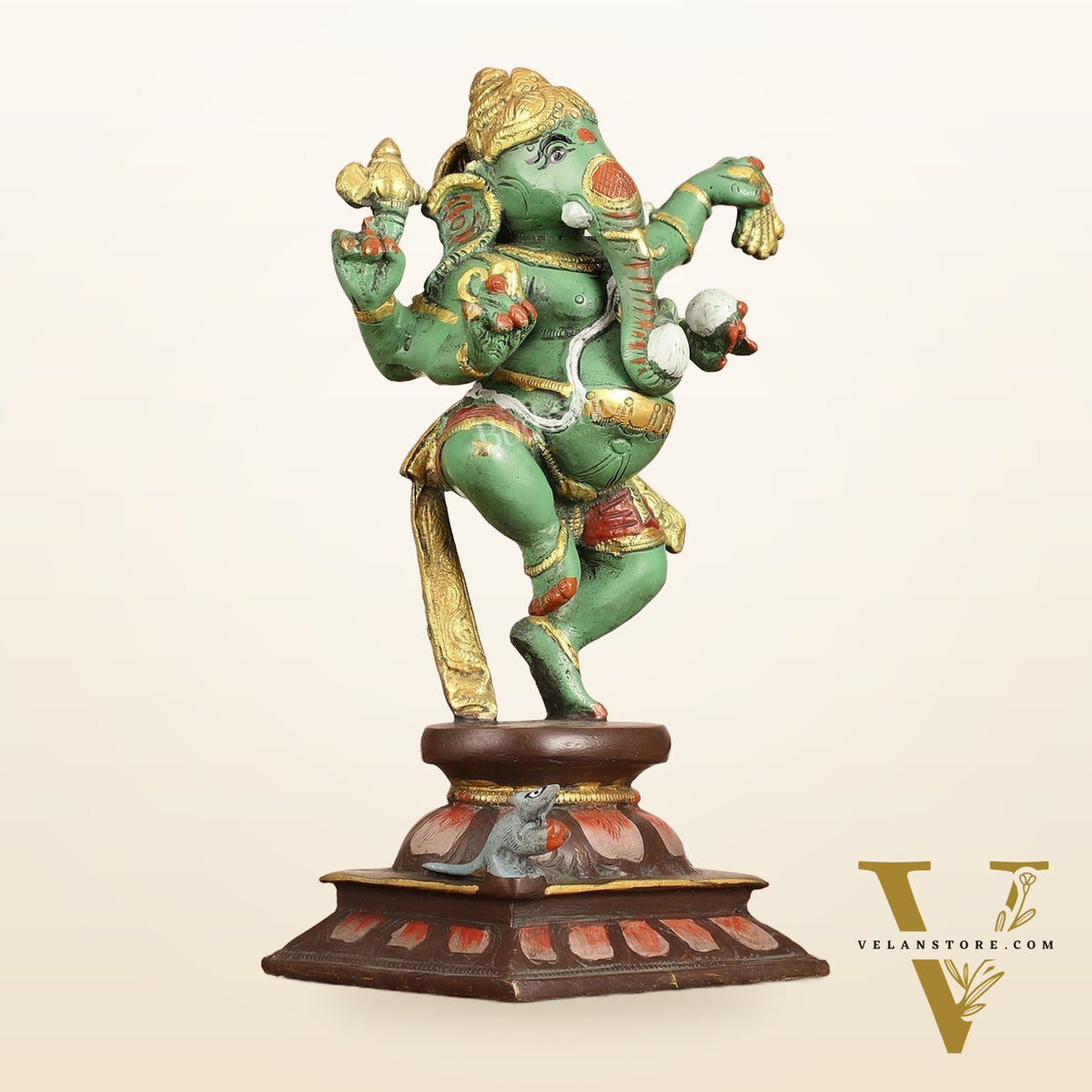 Brass Hand-Painted Dancing Ganesha Statue - 10 Inch