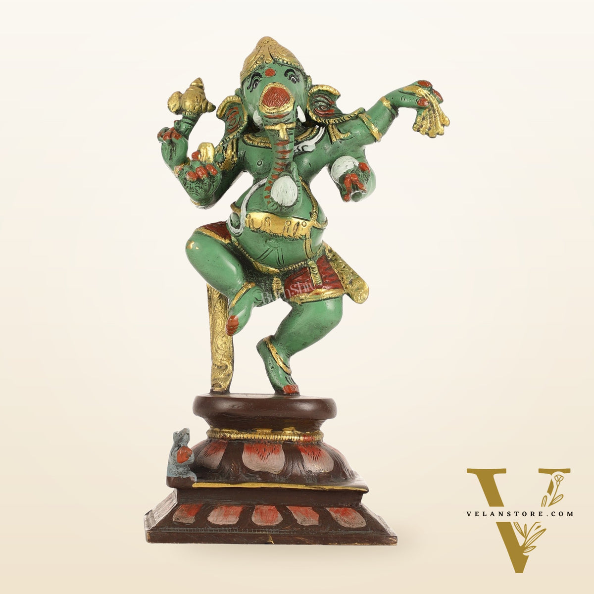 Brass Hand-Painted Dancing Ganesha Statue - 10 Inch