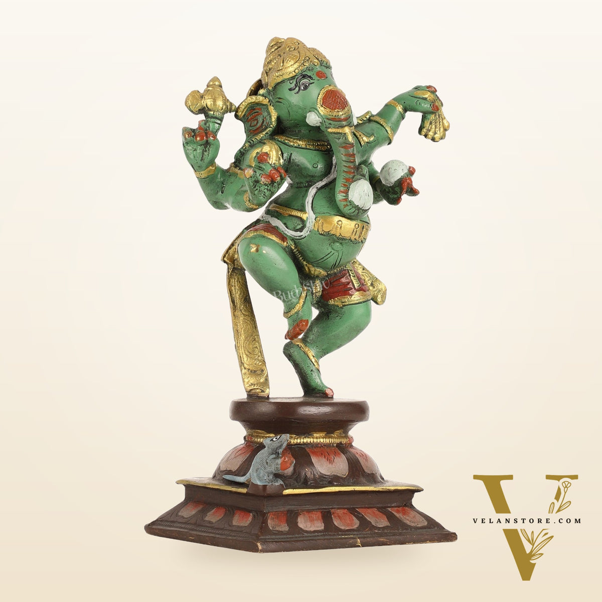 Brass Hand-Painted Dancing Ganesha Statue - 10 Inch