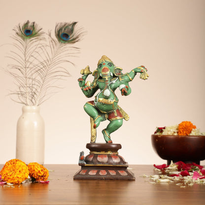 Brass Hand-Painted Dancing Ganesha Statue - 10 Inch